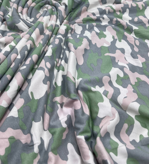 Green Grey Soft Pink Camo Print Viscose Elastane Fabric
