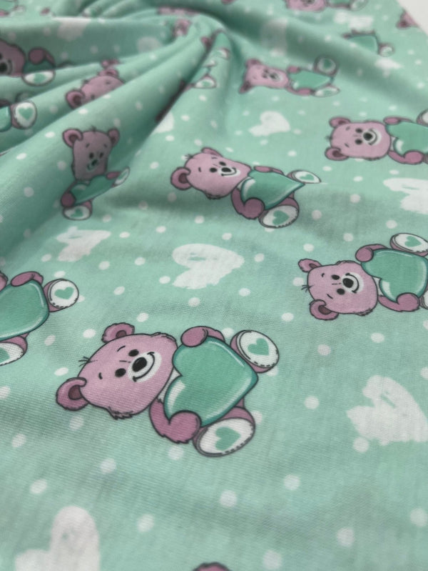 Green Heart Bear Spun Poly Stretch Fabric