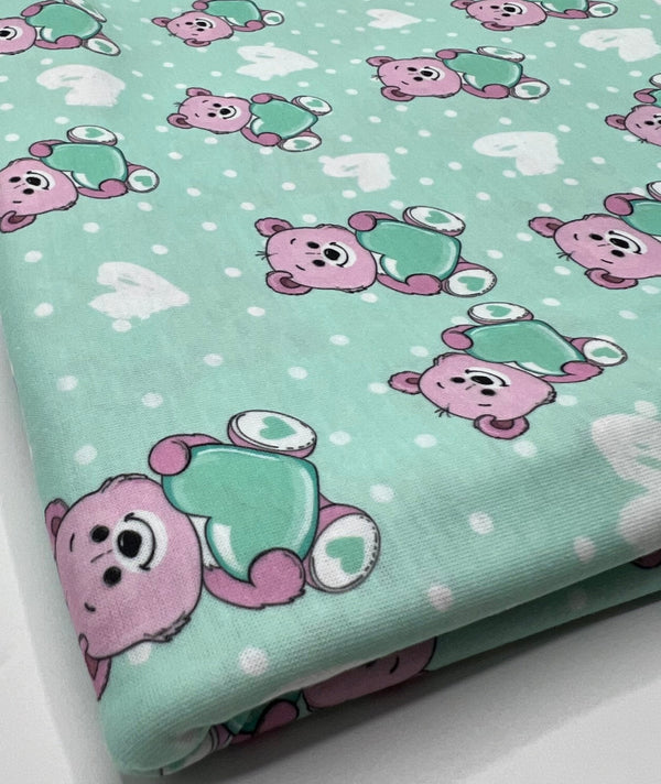 Green Heart Bear Spun Poly Stretch Fabric
