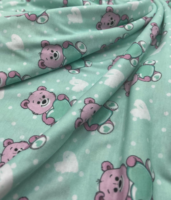 Green Heart Bear Spun Poly Stretch Fabric