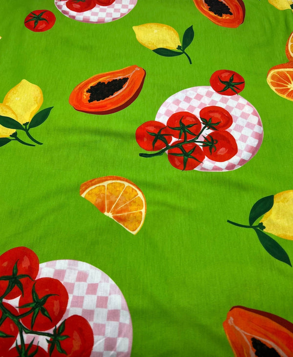 Green Large Fruit Print Spun Poly Stretch Fabric