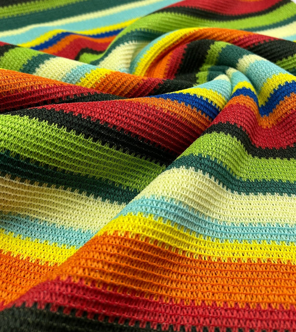 Green Multi Stripe Textured Knitted 2 Way Stretch Fabric