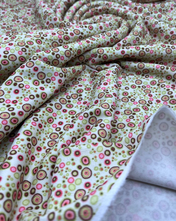 Green & Pink Small Circles Print Lightweight Jersey Crepe Fabric 4 Way Stretch