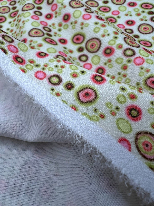 Green & Pink Small Circles Print Lightweight Jersey Crepe Fabric 4 Way Stretch