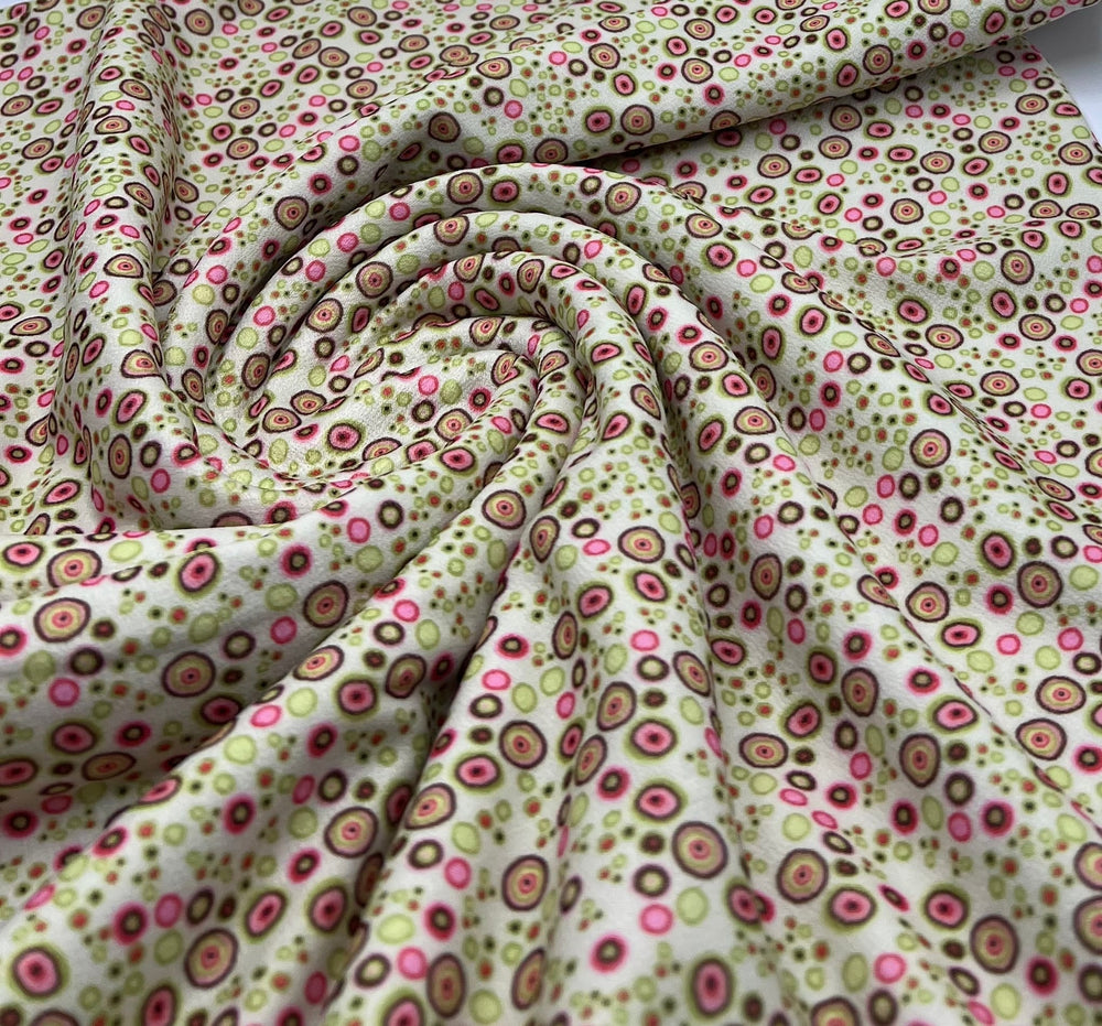 Green & Pink Small Circles Print Lightweight Jersey Crepe Fabric 4 Way Stretch