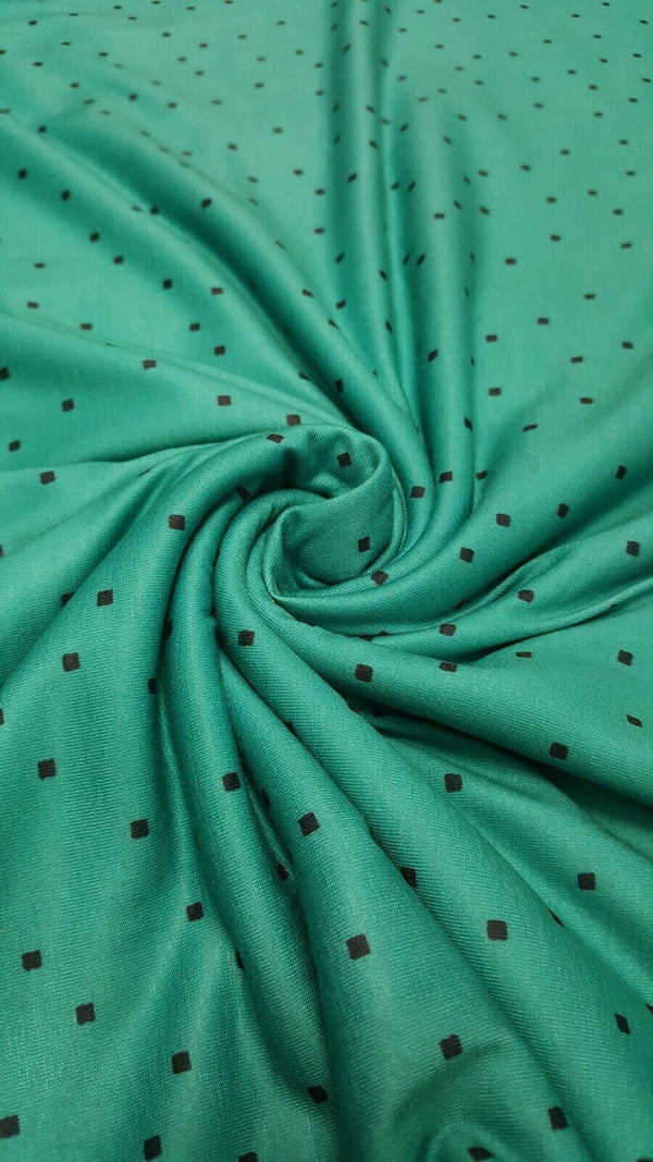 Green Small Square Print Spun Poly Stretch Fabric