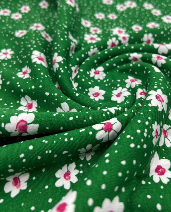 Green White Floral Spot Print Viscose Elastane 4 Way Stretch Fabric