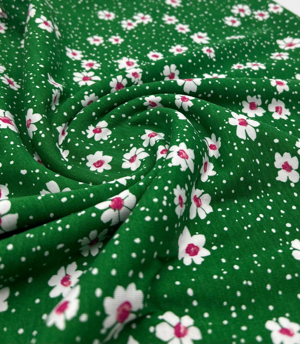 Green White Floral Spot Print Viscose Elastane 4 Way Stretch Fabric