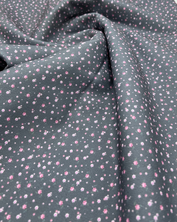 Grey Ditsy Floral Printed Scuba Crepe Jersey Fabric 4 Way Stretch