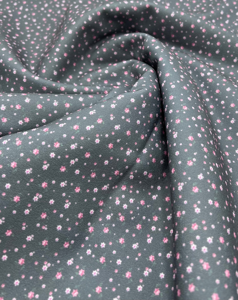 Grey Ditsy Floral Printed Scuba Crepe Jersey Fabric 4 Way Stretch