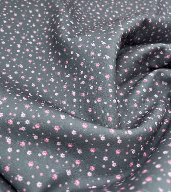 Grey Ditsy Floral Printed Scuba Crepe Jersey Fabric 4 Way Stretch
