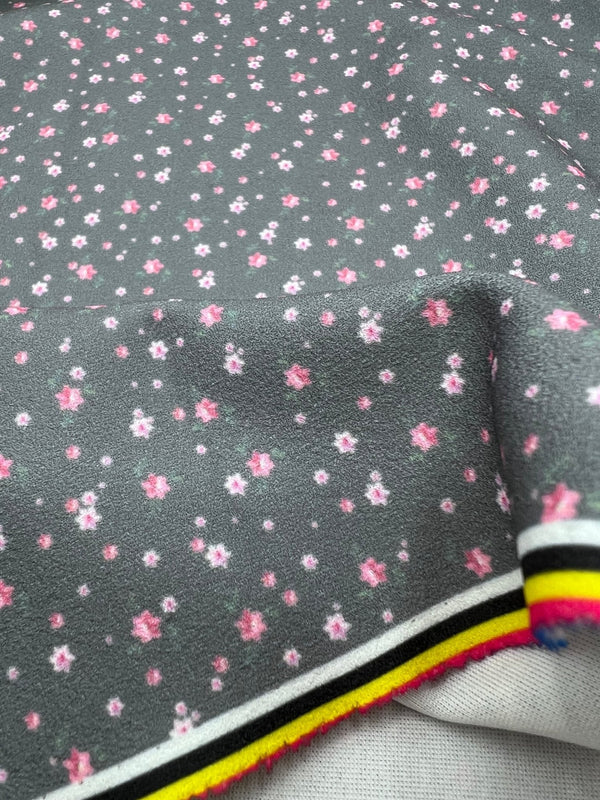 Grey Ditsy Floral Printed Scuba Crepe Jersey Fabric 4 Way Stretch