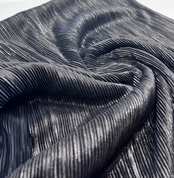 Grey Metallic Shiny Foil Plisse Pleated Stretch Fabric