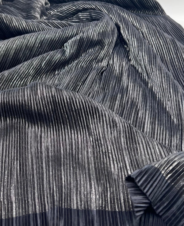 Grey Metallic Shiny Foil Plisse Pleated Stretch Fabric