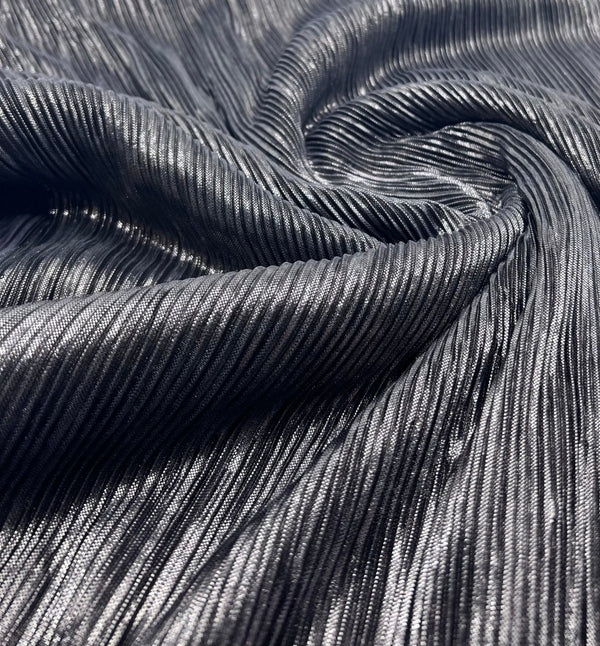 Grey Metallic Shiny Foil Plisse Pleated Stretch Fabric