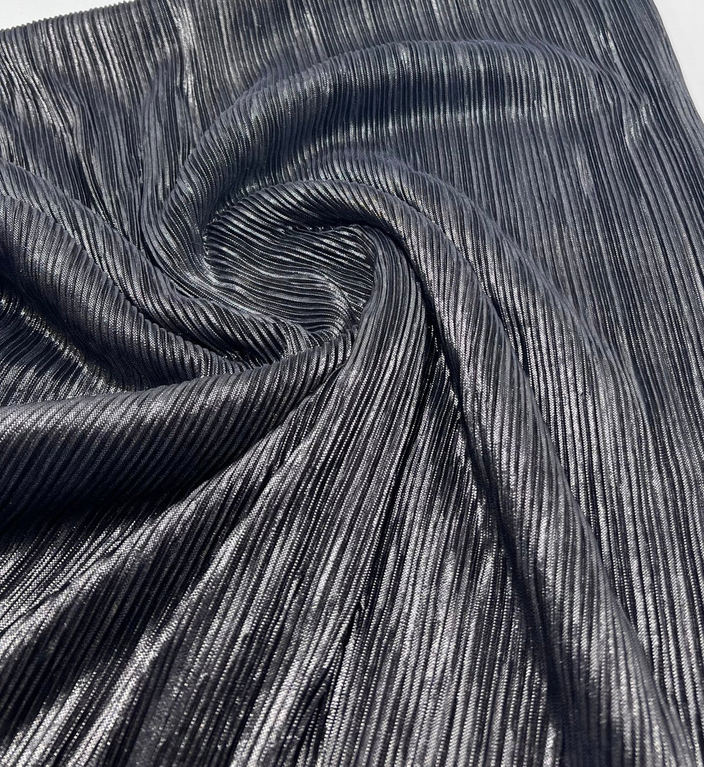 Grey Metallic Shiny Foil Plisse Pleated Stretch Fabric