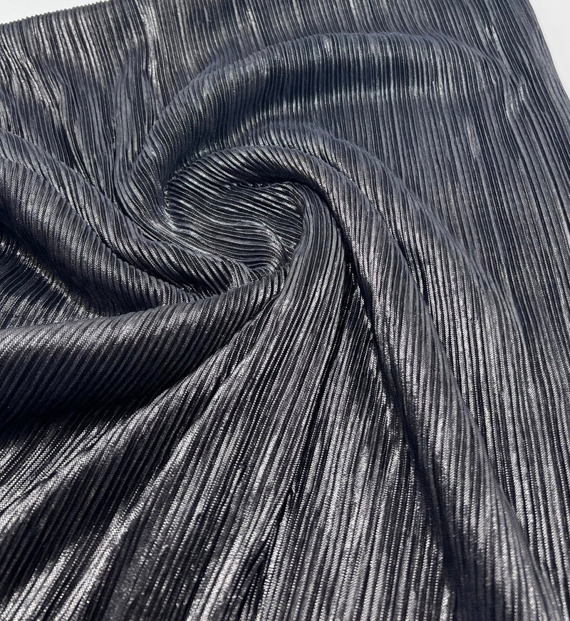 Grey Metallic Shiny Foil Plisse Pleated Stretch Fabric