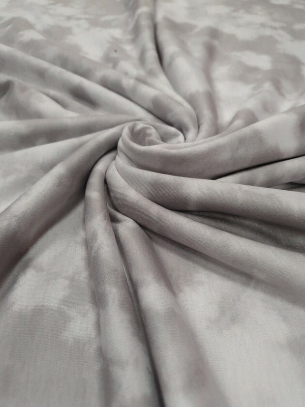 Grey & White Tie Dye Print Spun Poly Stretch Fabric