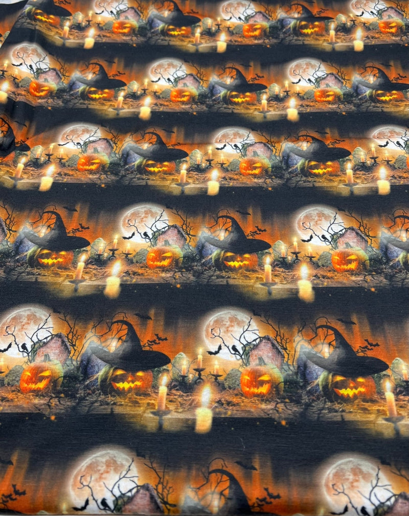 Halloween Pumpkin Candle Print Spun Poly Stretch Fabric