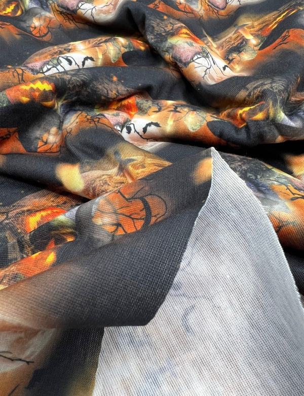 Halloween Pumpkin Candle Print Spun Poly Stretch Fabric