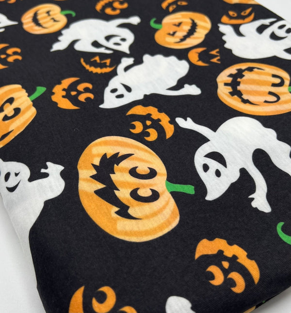 Halloween Pumpkin Ghost Print Spun Poly Stretch Fabric