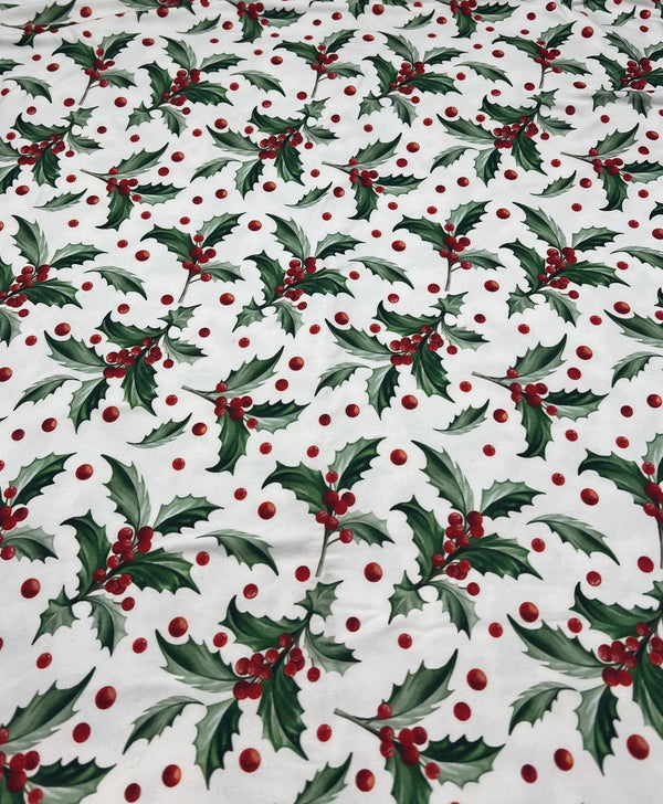 Holly Leaves Print Super Soft Spun Poly Stretch Fabric