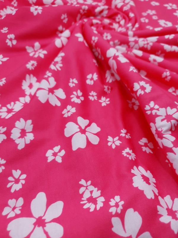 Hot Pink Floral Printed spun poly Elastane Fabric