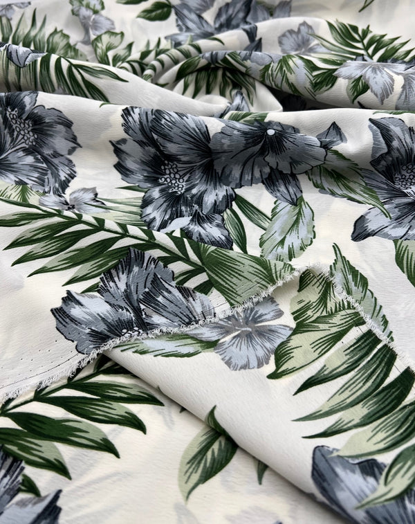 Ivory Blue Leaf Floral Lightweight Non Stretch Woven Fabric