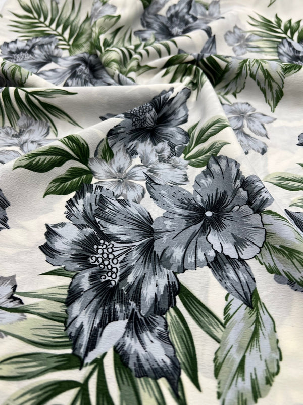 Ivory Blue Leaf Floral Lightweight Non Stretch Woven Fabric