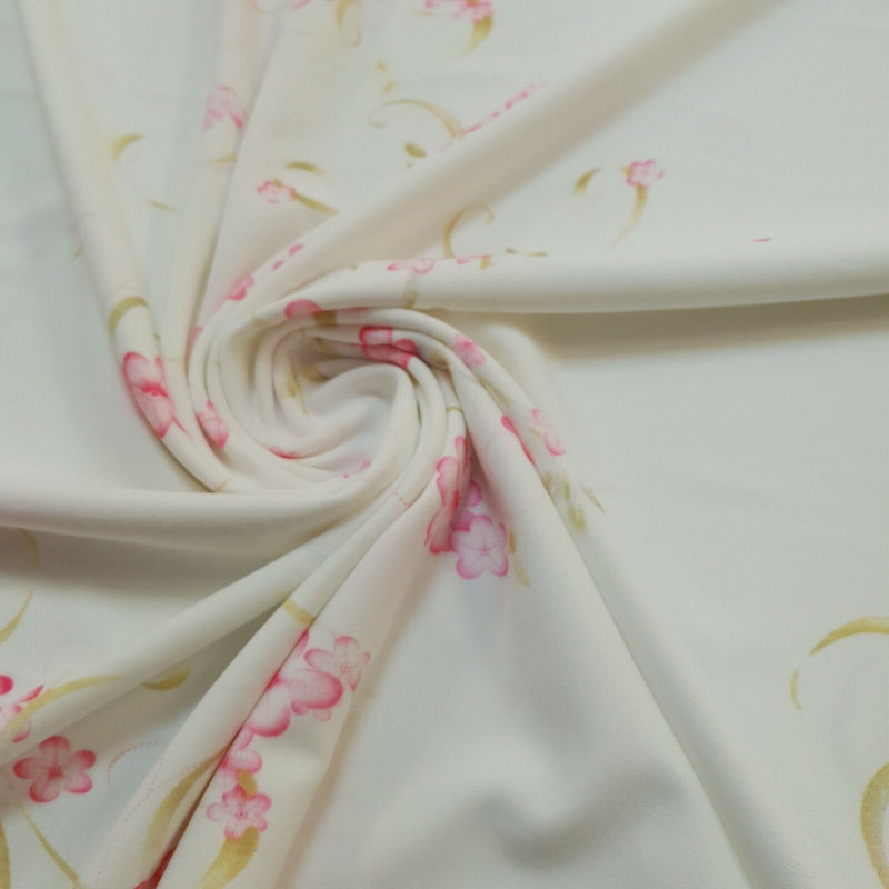 Ivory Pink Swirl Printed Scuba Crepe Jersey Fabric 4 Way Stretch