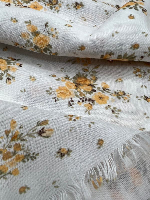 Ivory Yellow Floral Polyester Linen Non Stretch Fabric