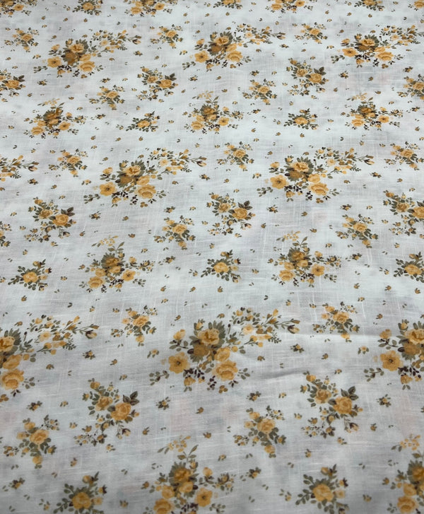 Ivory Yellow Floral Polyester Linen Non Stretch Fabric