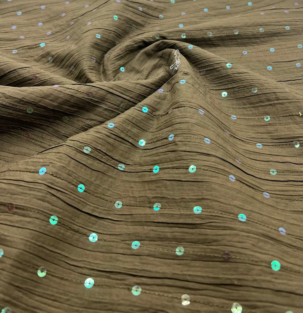 Khaki Sequin Crinkled Lightweight Non Stretch Woven Fabric