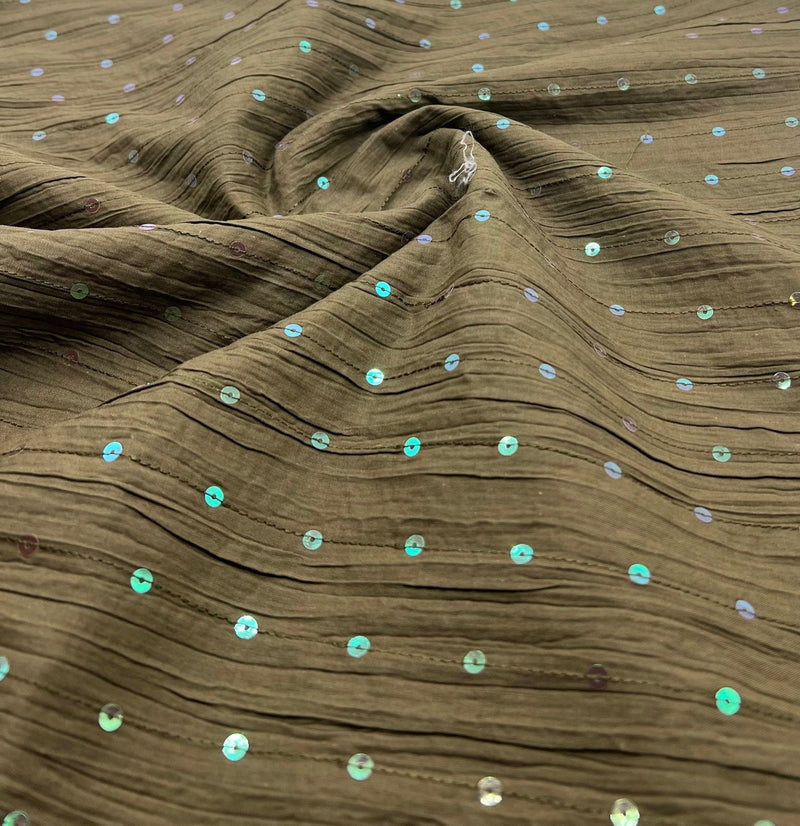 Khaki Sequin Crinkled Lightweight Non Stretch Woven Fabric