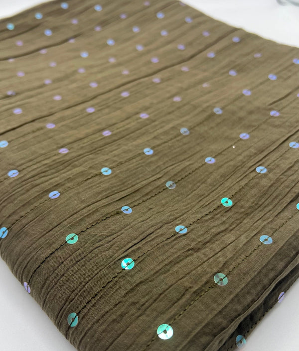 Khaki Sequin Crinkled Lightweight Non Stretch Woven Fabric