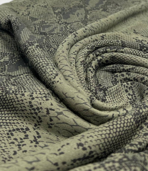 Khaki Snake Print Viscose Elastane Fabric