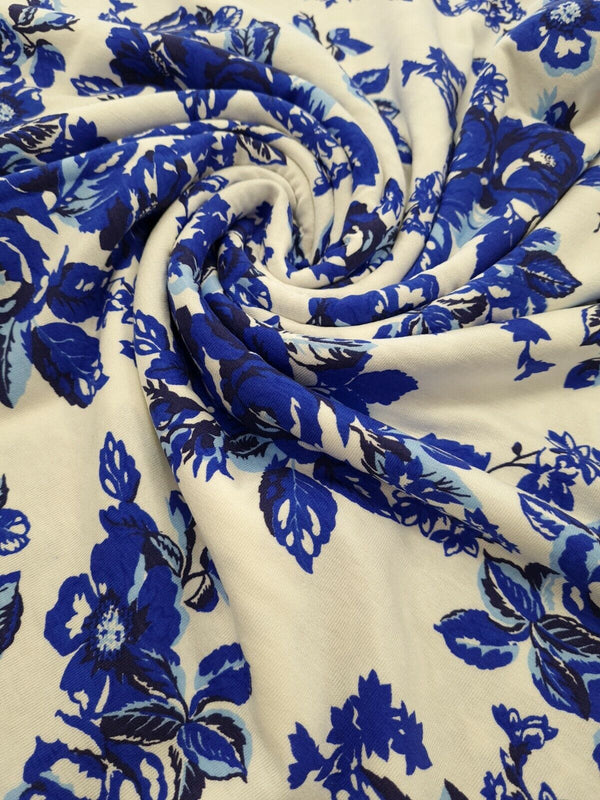 Large Blue Floral Print Viscose Elastane Fabric