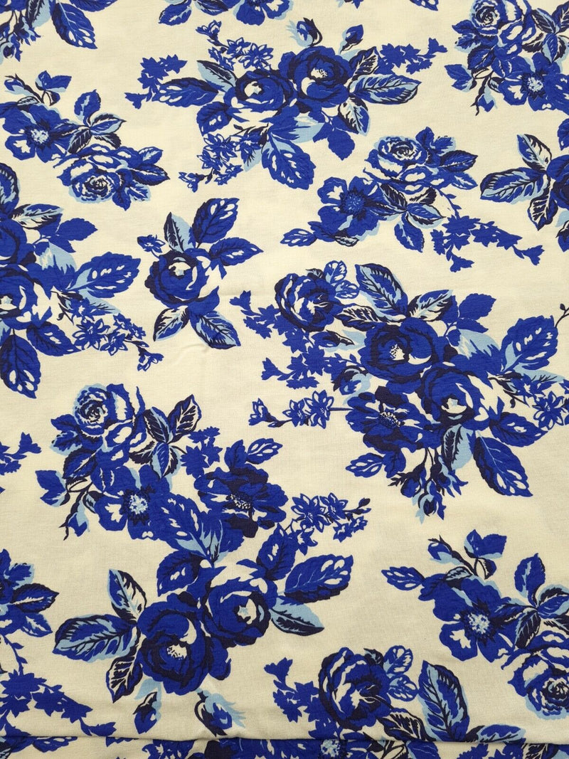 Large Blue Floral Print Viscose Elastane Fabric