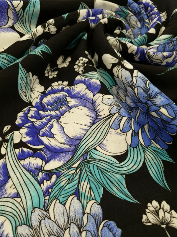 Large Blue Sketch Floral Print Viscose Elastane Fabric