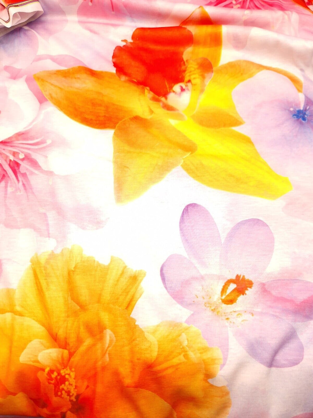 Large Lilac Orange Floral Print Spun Poly Stretch Fabric