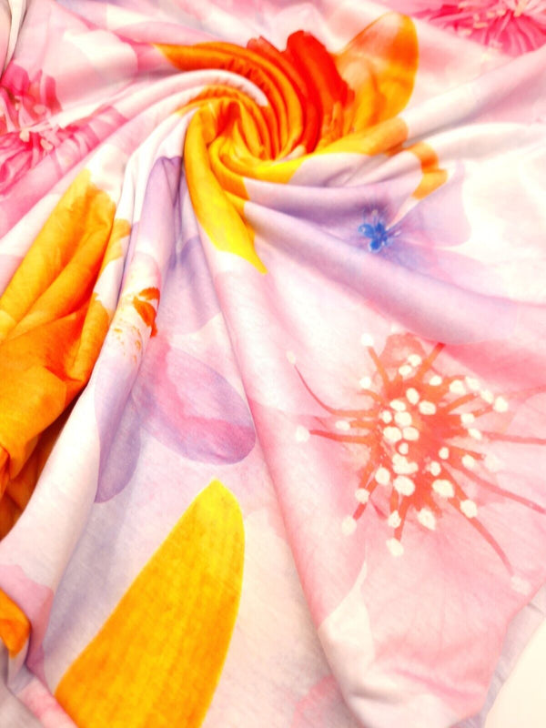 Large Lilac Orange Floral Print Spun Poly Stretch Fabric