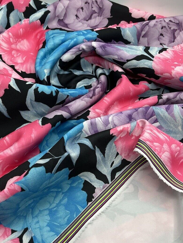 Large Multi Floral Printed Plain Scuba 4 Way Stretch Jersey Fabric