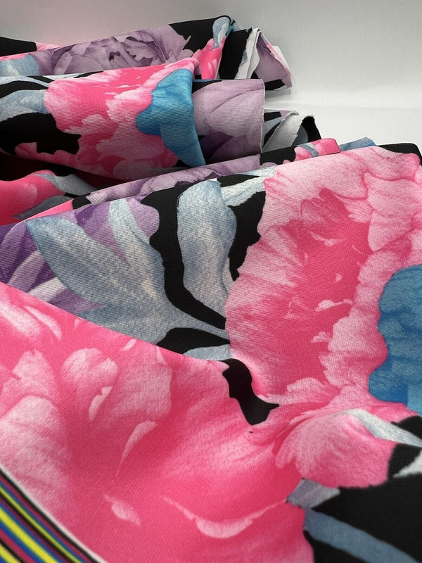 Large Multi Floral Printed Plain Scuba 4 Way Stretch Jersey Fabric