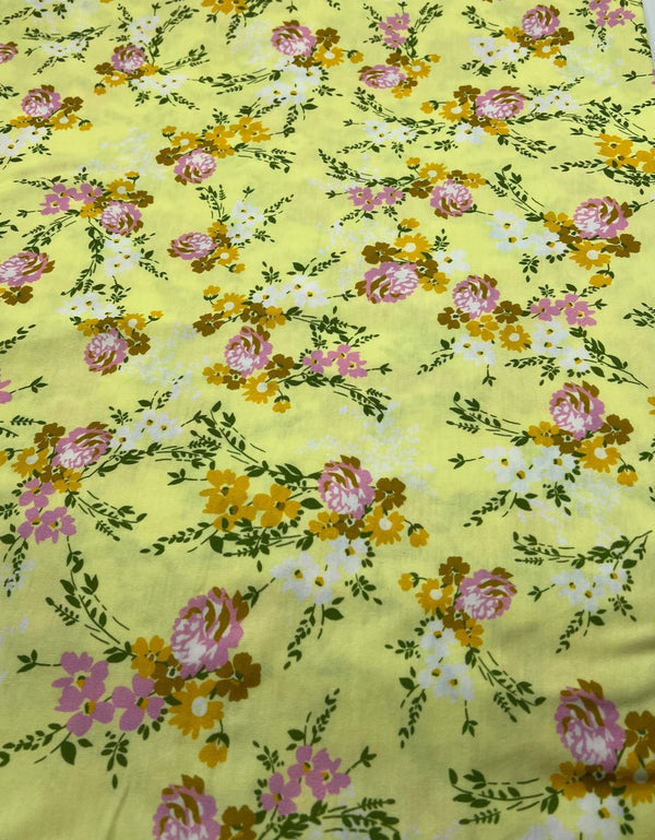 Lemon Yellow Floral Print Spun Poly Stretch Fabric