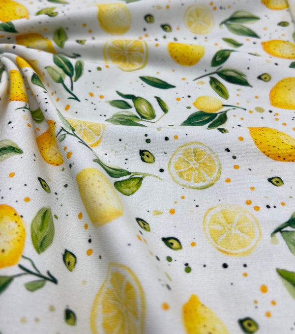 Lemons Print Cotton Stretch Jersey 200 GSM 95/5 Lycra 4 Way Stretch