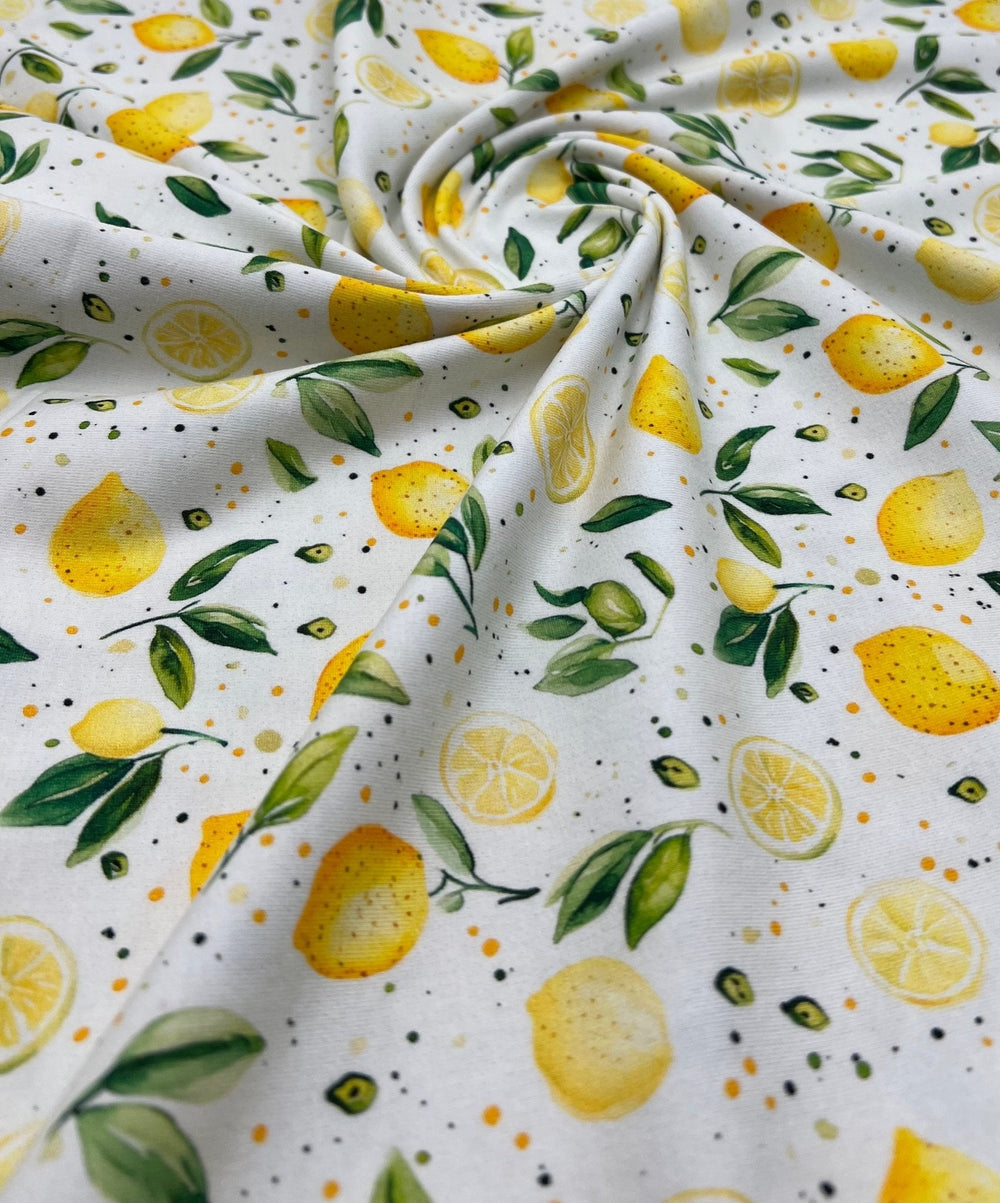 Lemons Print Cotton Stretch Jersey 200 GSM 95/5 Lycra 4 Way Stretch