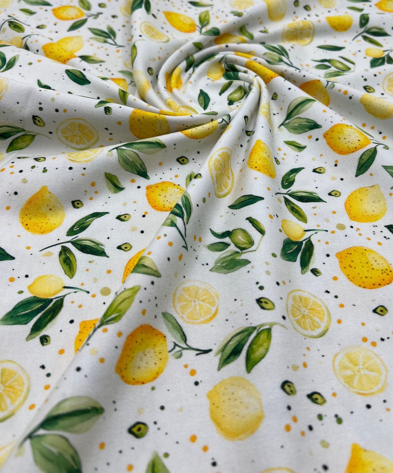 Lemons Print Cotton Stretch Jersey 200 GSM 95/5 Lycra 4 Way Stretch