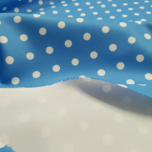 Light Blue White Polka Dot Printed Plain Scuba 4 Way Stretch Jersey Fabric