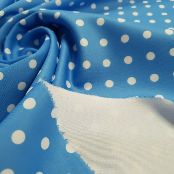Light Blue White Polka Dot Printed Plain Scuba 4 Way Stretch Jersey Fabric