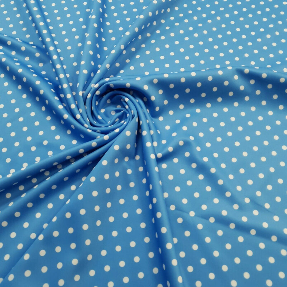 Light Blue White Polka Dot Printed Plain Scuba 4 Way Stretch Jersey Fabric